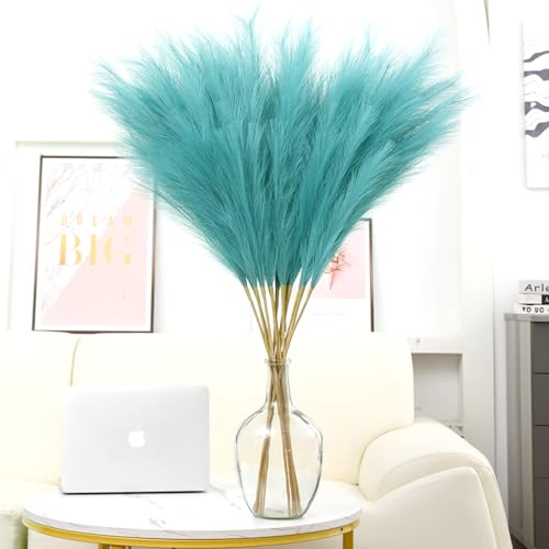 38" 10 Stems Faux Pampas Grass Decor - Tall Pampas Grass for Floor Vase Fluffy Artificial Pampas Grass for Boho Home Wedding Mothers Day Decoration（Lake Blue） - color: Lake Blue