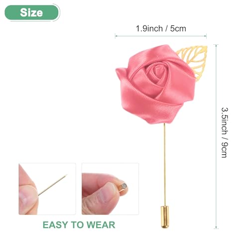 M METERXITY 1-Pack Flower Lapel Pins for Men, Golden Leaf Rose Boutonnieres Pin Groom Boutonnieres for Wedding/Dance/Party, Men Lapel Pins for Suits Satin Flower Corsage [Dark Pink] - color: Dark Pink