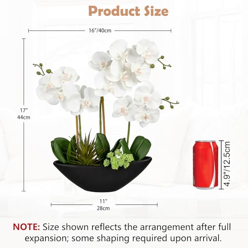 Briful Orchid Fake Flowers 17in White Artificial Orchid Silk Flowers in Black Pot Faux Orchid Arrangement for Home Office Bathroom Dining Table Modern Decoration - color: White Flowers Black Pot