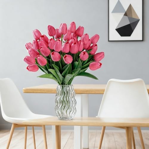 Fuchsia Artificial Tulips Real Touch Fake Flowers, 20 Pcs PU Faux Tulips 13.5", Realistic Tulip Bouquet for Wedding Centerpiece Spring Home Kitchen Dining Table Vase Decoration Easter Decor - color: Fuchsia