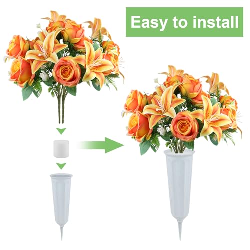 2 Set Artificial Cemetery Flowers with Grave Vase-2 Bunches Lilies & Rose Mixed Orangish Yellow Silk Memorial Flowers-2 Cemetry Vase with Foam for Outdoor Headstones Gravesite Graveyard Decorations - color: Orangish Yellow