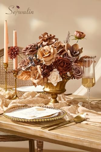 Serwalin Artificial Fall Flowers, Brown & Terracotta Silk Flowers with Stems, Fake Roses Flowers for Wedding Bouquets Bridal Baby Shower Party Craft Home Cake Decoration - color: A Brown Terracotta, size: 1 Box