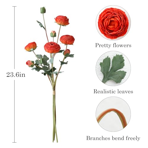 6Pcs Realistic Orange Silk Ranunculus Artificial Flowers Long Stems, 23.6" Tall Fake Flowers Faux Flowers Suit for Year-Round Home Decoration, Wedding, Bridal Bouquets, Office - color: Orange