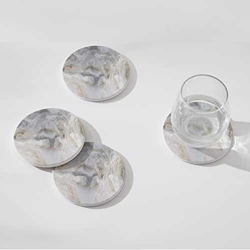 Set of 6 Abstract Gray White Marble Coasters with Holder, Absorbent Ceramic Coasters for Drinks, Coasters with Cork Backing for Table Protection, Housewarming Gifts for New Home - color: Abstract Gray White Marble