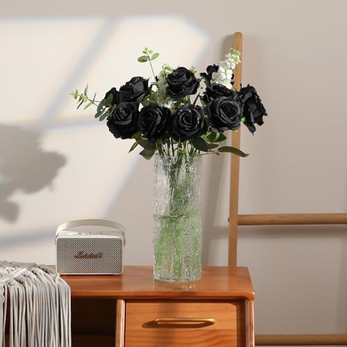 Hawesome 12PCS Artificial Silk Flowers Realistic Roses Bouquet Long Stem for Home Wedding Decoration Party (Black, 6 Flowers 6 Buds) - color: Black, size: 6 Flowers 6 Buds