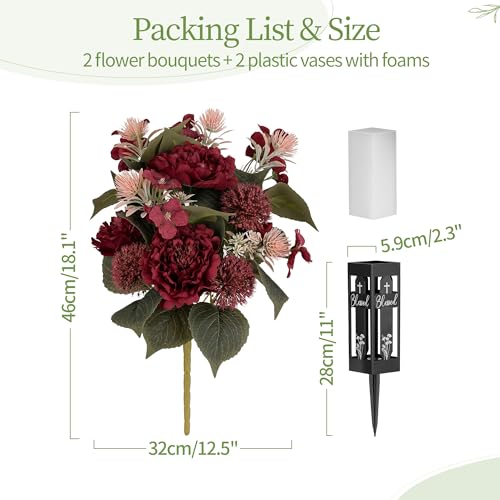Red Cemetery Flowers for Grave: 2 Pcs Peony Grave Flower Bouquets for Cemetery Decorations - Spring Outdoor Gravesite Flowers with Vase - color: Red