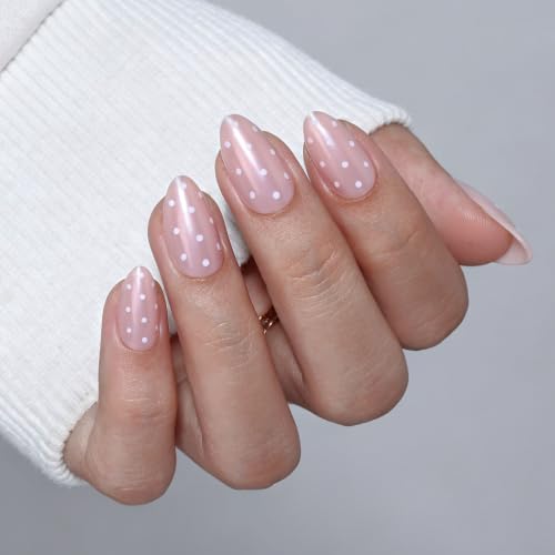 32Pcs Soft Gel Press on Nails for Women, Pink Polka, Short Almond | Cute Coquette Polka False Fake Nails Press Ons for Girly Valentine Date, Salon Quality Reusable Glue & Stick on Nail Gift Kit - color: 3F-Pink Polka