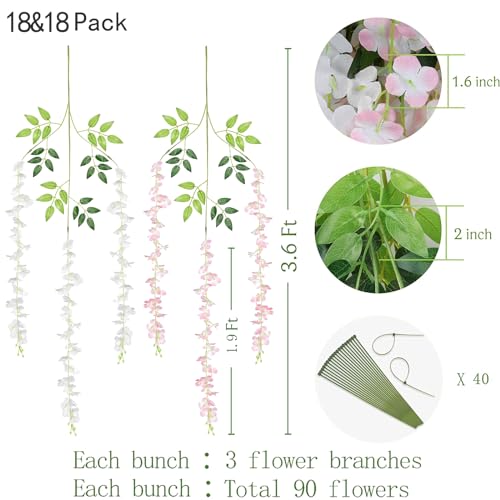 BLEUM CADE 36Pcs White & Pink Fake Wisteria Hanging Flowers, 3.6Ft/Pcs Artificial Wisteria Garland, Hanging Flowers for Wedding Party Home Backdrop Wall Decoration - color: White & Pink, size: 36pcs