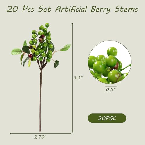 SHACOS Artificial Green Berry Stems 20 PCS 9.8 inch Fake Berries with Green Leaves Berry Picks for Wreath Wedding Bouquet Decorations Crafts Holiday Spring Home Decor, Green - color: Green, size: 20 PCS