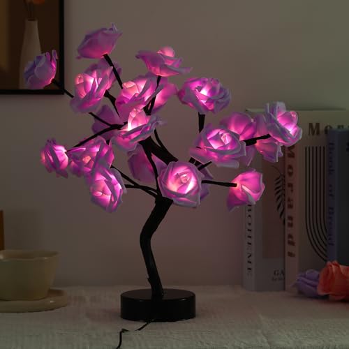 Drawelry Rose Flower Tree Lamp - LED Rose Tree Table Lamp USB/Battery Powered Artificial Bonsai Flower Night Light for Bedroom Living Room Party Wedding Birthday Decor (Purple) - color: Purple