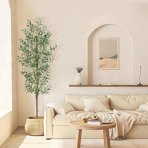 Artificial Olive Tree, 6FT Tall Faux Olive Trees 72in Outdoor Fake Potted Silk Plant with Trunk and Realistic 648 Leaves and 24 Fruits for Modern Office Home Decor Indoor（1pack） - color: 1pack, size: 6ft