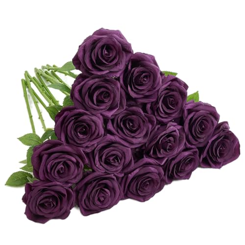 15pcs Fake Roses Artificial Silk Flowers Faux Rose Flower Long Stems Bouquet for Arrangement Wedding Centerpiece Party Home Kitchen Decor - color: 15pcs Plum