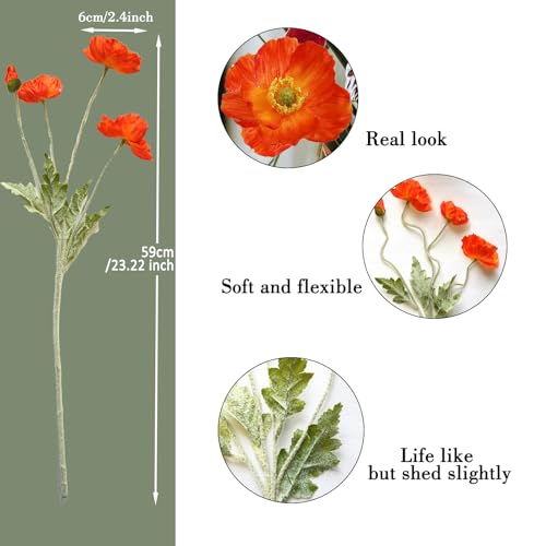 Artificial Flowers 5Pcs Poppies Flowers Artificial Silk Flowers for Home Office Wedding Outdoor Decor (Dark Orange) - color: Dark Orange