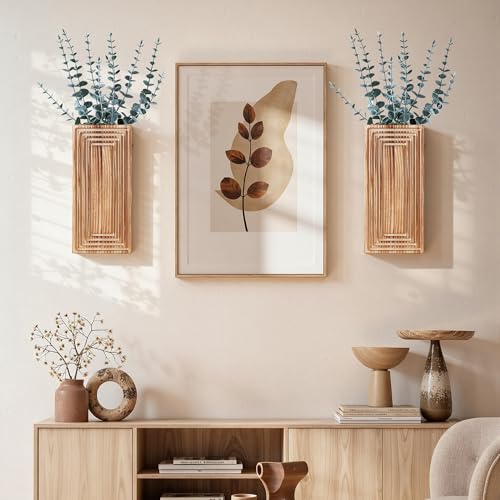 Wooden Wall Planter Vase, 2 Pack Brown Wood Hanging Vases with Fake Eucalyptus for Indoor Modern Boho Farmhouse Wall Art Decor for Home Indoor Kitchen Modern Farmhouse Bathroom - color: Burnt Brown With Eucalyptus