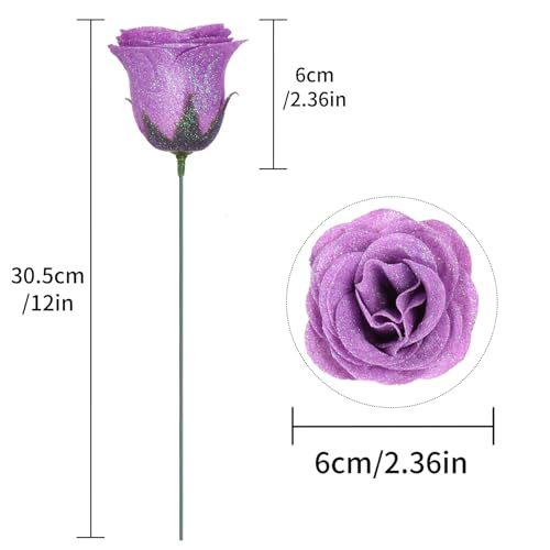 30PCS Purple Glitter Roses Artificial Flowers Fake Roses with Stems for Wedding Bouquet Party Christmas Home Decor(Purple) - color: Purple