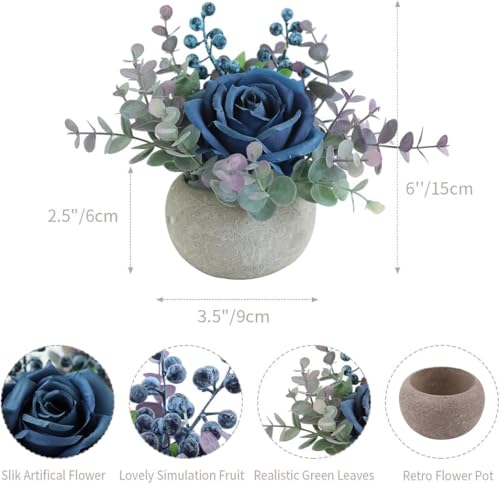 Small Artificial 2pcs Blue Rose Potted Plant, 6" Fake Silk Flowers in 3.5" Round Pot, Mini Faux Floral Arrangement for Desk Shelf Bathroom Decor - color: 2pcs Blue