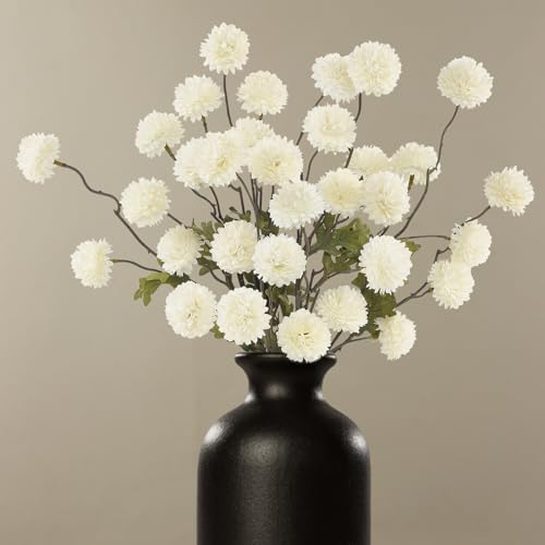 DuHouse 6pcs Artificial Flowers Faux Silk Pompon Mum,Artificial Kiku Flower White for DIY Wedding Bouquets Centerpieces Vase Home Table Kitchen Decorations(Ivory White) - color: Ivory White, size: 6pcs