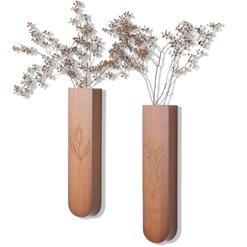 Wood Wall Vase Set of 2, 11.6 x 2.52 x 1.37 inch for Dried Flowers and Faux Greenery Plants for Bathroom,Kitchen,Farmhouse,Dining Room Wall Decor （Brown - color: Brown