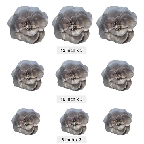 BRT Bearingshui Crepe Paper Flowers Decoration for Wall Total 9 Pcs, Artificial Flowers Backdrop for Wedding Decor Baby Bridal Shower Birthday Party, Silver 3D Wall Flowers Decor - color: Silver