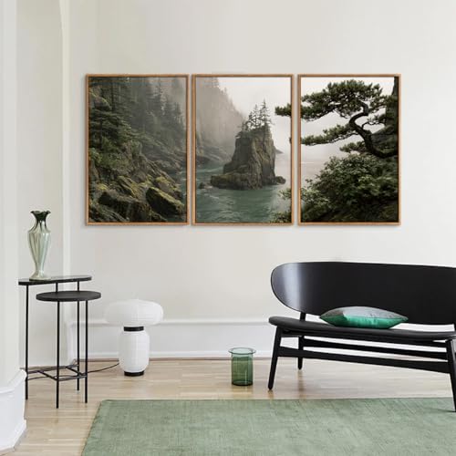Rantodecor Coastal Forest Framed Canvas Wall Art, Pacific Northwest Coast landscape Wall Decor, Nature PNW Mountain Sea Art Paintings, Sage Green Pine Artwork for Bedroom Living Room Office 16"x24"x3 - color: Coastal Forest, size: 24"x16"