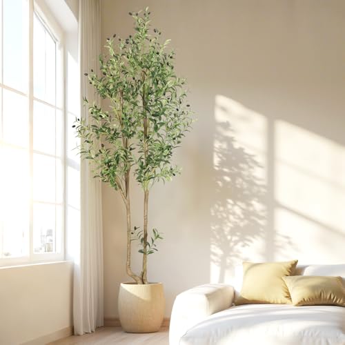 HZXGCP Olive Tree Olive 7 feet, Artificial Olive Tree with White Pot, Fake Tree with 1882 Dense Leaves & 96 High-Simulated Olive Fruits - Easy Assembly, Low Maintenance (Olive Tree 7ft) - color: Olive Tree 7ft