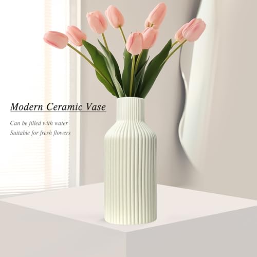 Ceramic Flower Vase, Minimalist Modern Home Decor, Matte Finish Pampas Grass Vase for Table, Fireplace, Shelf, Mantel, Entryway and Centerpieces (Off White) - color: Off White, size: 8in