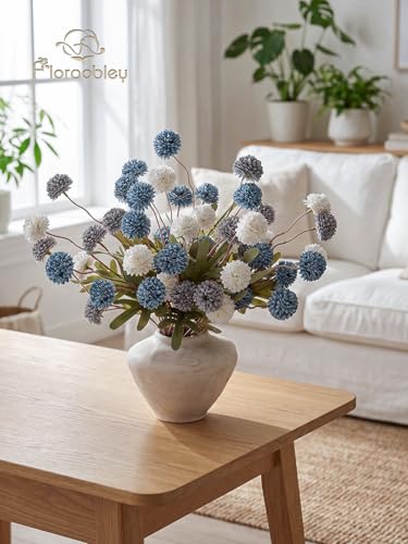 9pcs Fake Flowers Silk Mini Mums with Stems, Blue & White Faux Chrysanthemum Pompon Balls Artificial Flower Bulk for DIY Wedding Centerpieces, Vase Fillers, Floral Arrangements & Home Decor - color: Blue & White