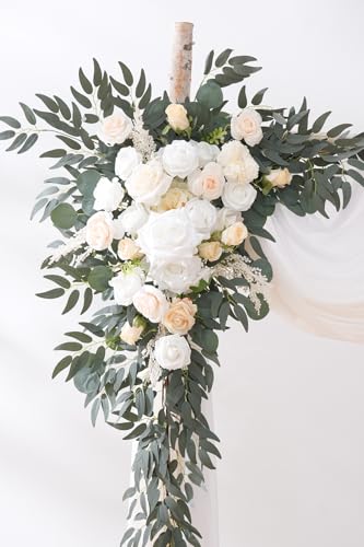 Deluxe Wedding Arch Flowers with Drapes Kit Pack of 4, 2pcs Champagne & White Sage Hanging Silk Flowers Arrangement 2pcs Chiffon Drapes for Ceremony Arbor Party Outdoor Decor - color: Champagne & White Sage