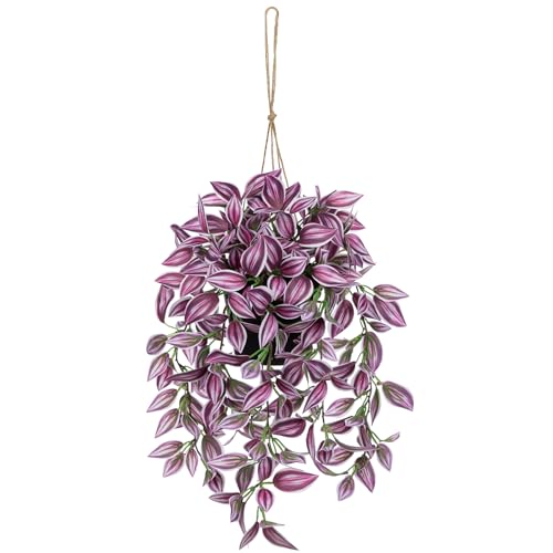 Briful Fake Hanging Plants 17.7" Faux Watermelon Peperomia Silk Plants with Black Pot Artificial Hanging Greenery for Home Garden Balcony Front Porch Outdoor Decor - color: Purple