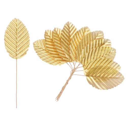 M METERXITY 100-Pack Artificial Silk Leaf, Faux Wire Single Leaves, Fake Flower Leaf with Stem for DIY Bouquet/Wreaths/Wedding/Garland/Party Decorations, Fake Rose Craft Leaves [Gold] - color: Gold