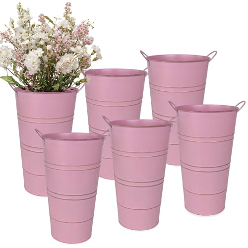 vensovo 12 Inch Galvanized Metal Vases for Flowers - 6 Pcs Farmhouse Decorative Tall Flower Bucket with Handles, Rustic French Tin Planter Buckets for Wedding Decor (Pink) - color: Pink