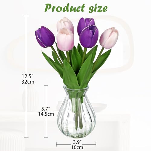Faux Tulips Flowers Floral Arrangement - 6 Stems Artificial Flowers with Clear Glass Vase with Faux Water 12.5" Purple & Pink Bi-Color Fake Tulips Bouquet Centerpiece for Table Home Office Decor - color: Purple & Pink