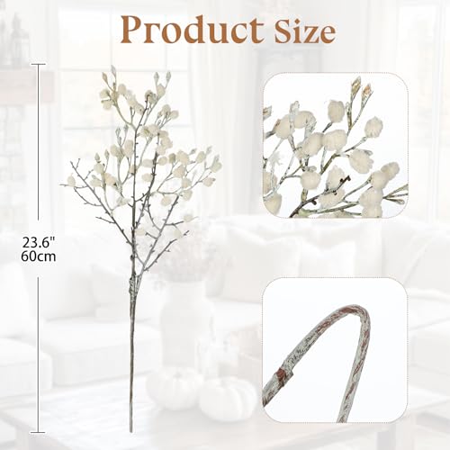 GnFlus Artificial Cotton Branches Fake Flowers for Spring Winter Boho Decoration,Faux Long Stem Artificial Flowers for Wedding Home Office Bedroom Party Table Centerpieces Cream White 3Pcs - color: Cotton - Cream White