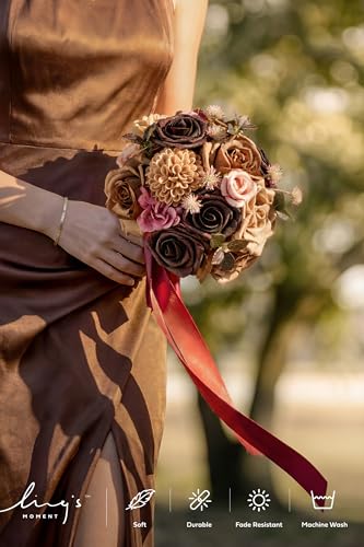Ling's moment Earth Brown & Black Baccara Artificial Wedding Flower Bouquets for Bridesmaids Brown Floral Bouquet Bridesmaid Bouquets with Ribbon Ceremony Anniversary,7-inch Diameter - color: Br-earth Brown & Black Baccara