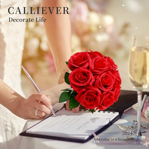 10 Pcs Red Rose Artificial Flower, Faux Silk Flowers With Long Stems, Fake Roses Bulk Bouquet for Decoration Valentine's Day Centerpieces Proposal Bridal Bouquets Shower Party Home Floral Decor - color: Red
