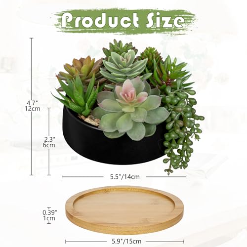 Artificial Succulent Plants in Pot 5.5 Inch Fake Succulents Arrangement Potted Plant in Black Ceramic Planter Bowl with Wood Saucer for Home Office Desk Shelf Living Room Bedroom Bathroom Decor - color: Black Ceramic With Saucer#style 2