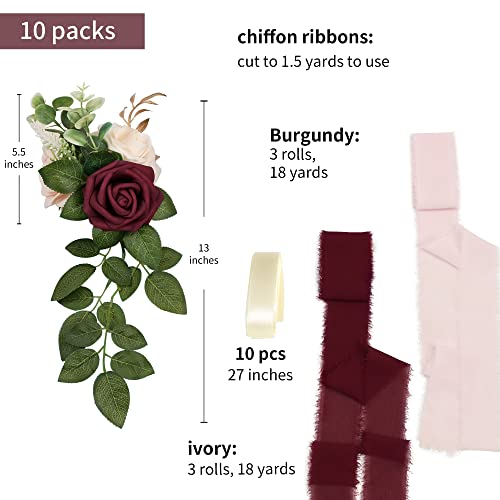 Wedding Aisle Decorations for Wedding Ceremony Set of 10 Pew Flowers for Church Chair Decorations Party Decor with Artificial Flowers Eucalyptus and Ribbons Burgundy - color: New Burgundy