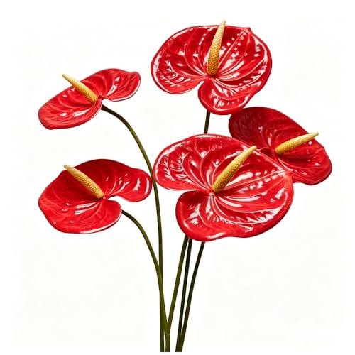 Rikyo 5 PC 24inch/61cm Red Artificial Anthurium Lily Flowers Permanent for Home Decor Bouquet and Green Leaf for Home Bridal Wedding Festival Party, Store Decor Small Flower Bouquet Accessories - color: Red