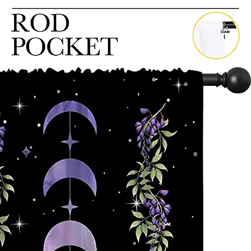 Purple Boho Floral Flower Rod Pocket Blackout Curtains for Boy Girl Bedroom,Moon Phase Moonlit Garden Witchy Gothic Aesthetic Light Filtering Window Drapes for Living Room Home Decor Privacy,42x63in - color: Purple Boho Floral Flower-007, size: 42"W x 63"