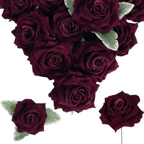 Burgundy Roses 16pcs Artificial Velvet Roses Maroon Flowers 4.3" Burgundy Fake Flowers Dark Red Roses for Wedding Bouquet Flowers for Floral Centerpieces Home Party Decor (Burgundy) - color: 4.3" Burgundy