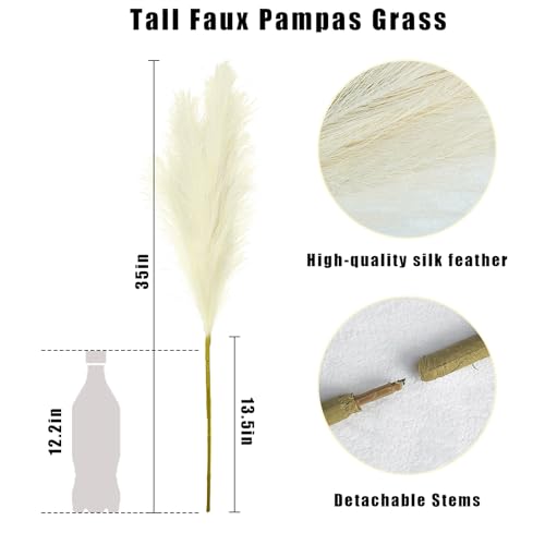 obbsie 35" Faux Pampas Grass Decor, 8pcs Large Tall Fluffy Artificial Pompous Grass Branches Floral Fake Pompas Grass Bulrush Floor Vase Filler Flower Arrangement for Home Wedding Boho Decor Beige - color: Beige, size: 8 PCS