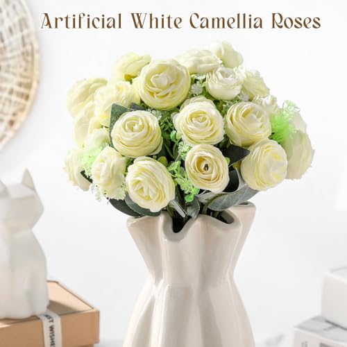 40 Heads Artificial White Rose Bouquets, 5 Bundles Fake Peony Flower Stems, 11.42 Inch Faux Silk Floral Picks for Wedding, Party, Table Centerpieces, Home Decor & Vase Filler