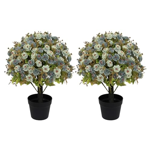 24” Artificial Flowers for Outdoors, Set of 2 Realistic Faux Blue Mums in Cement Pots, UV Resistant Fake Plants Look Real for Front Porch, Entryway & Indoor Spring Decor - color: Chrysanthemum Dusty Blue