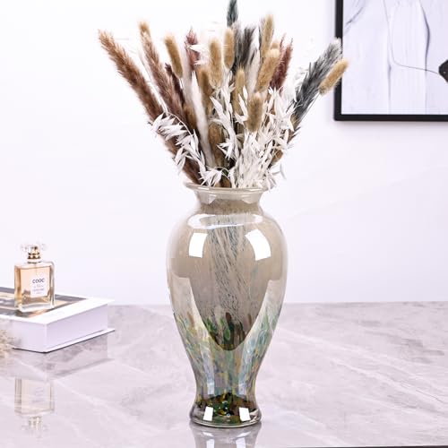 11.8" Tall Blown Green Glass Vase, Colorful Opaque Glass Vase, Unique Design Wide Mouth Art Decoration for Home, Living Room, Dining Table, Pampas Grass Decor (Green) - color: Green