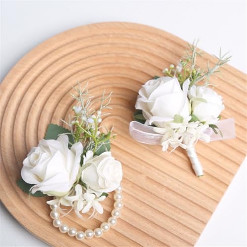 Wedding White Wrist Corsage for Girl Mother Bride Bridesmaids Artificial Rose Flowers Corsage Wristlet Band Bracelet for Wedding Party Bridal Shower Homecoming Ceremony Anniversary - color: White Corsage