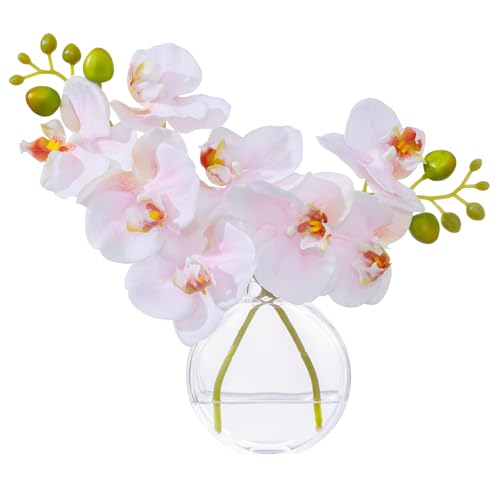 Pink Textured Coated Silk Artificial Orchid Flowers with Clear Glass Vase and Faux Water, 11" Faux Phalaenopsis Orchid Arrangement Centerpiece for Dining Table Bathroom Decor - color: A-pink