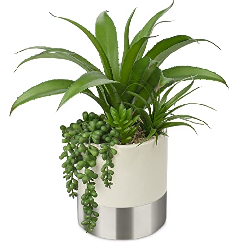 Hollyone Large Artificial Succulents Plants Faux Succulents 12" Fake Succulent Plants in Sliver Ceramic Pot Succulent Plant for Desk Modern Home Living Room Office Table Bathroom Decor - color: Mercury - Silver 1