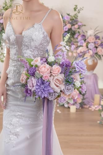 TINGE TIME 13 Inch Artificial Flower Wedding Bouquets for Bride, Cascading Bridal Bouquet for Wedding Bouquet for Wedding Ceremony and Anniversary(Violet&Mistyrose) - color: Violet & Misty Rose