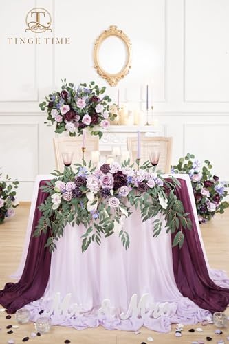 TINGE TIME Artificial Sweetheart Flower Swag with Tablecloth and Table Runner, Pack of 3 Floral Arrangement for Wedding Sweetheart Table Centerpiece Decoration (Lavender & Plum) - color: Lavender & Plum