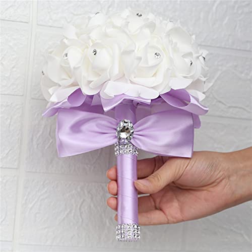 Yoanshop Wedding Bouquets for Brides or Bridesmaids Crystal Silk Roses Bridal Bridesmaid Wedding Hand Bouquet Artificial Fake Flowers (Light Purple) - color: Light Purple